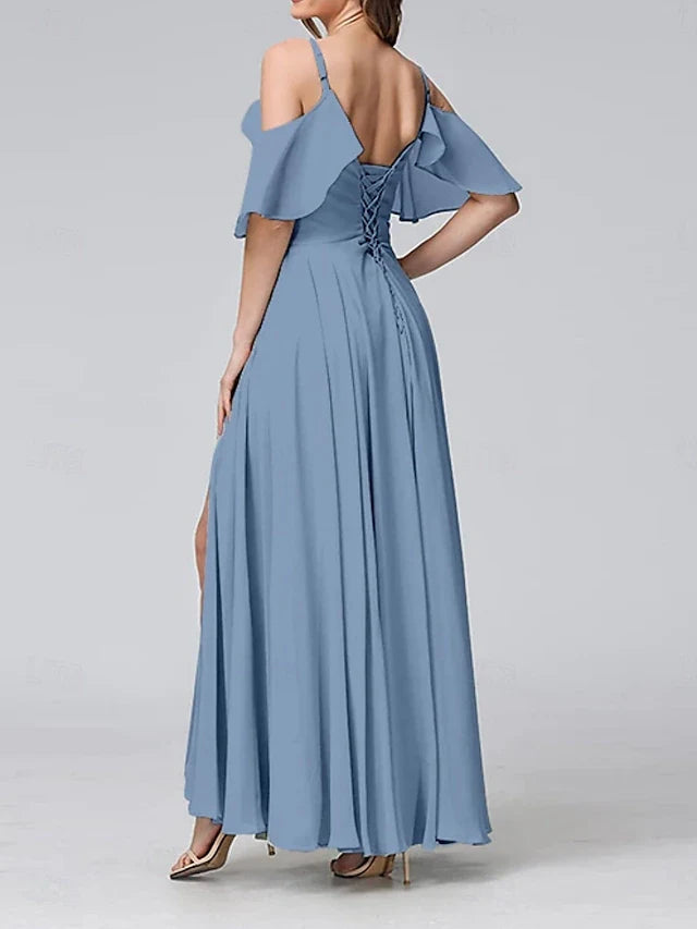 Elegant A-Line Sweetheart Off-Shoulder Ruched Slit Dusty Blue Prom Gown