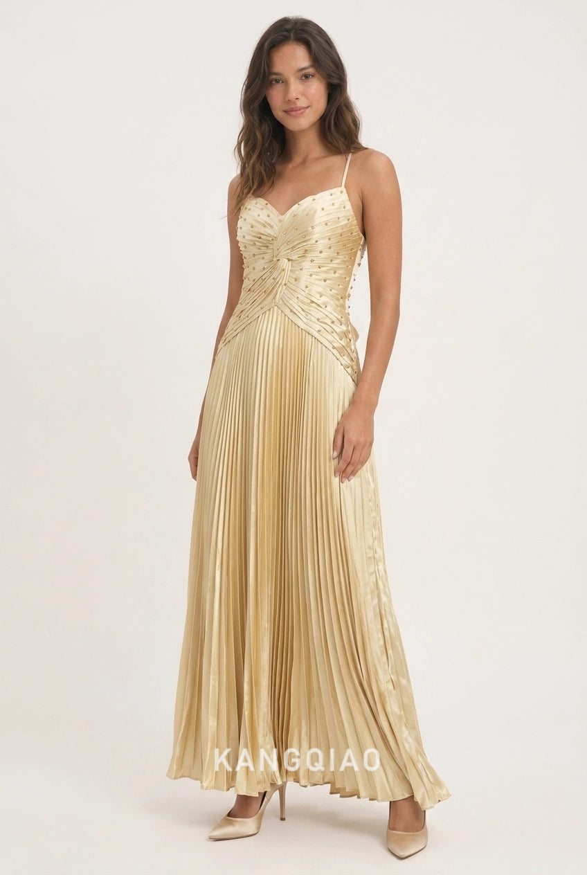 Elegant A-Line Sweetheart Pleated Embellished Gold Floor-Length Prom Dresses