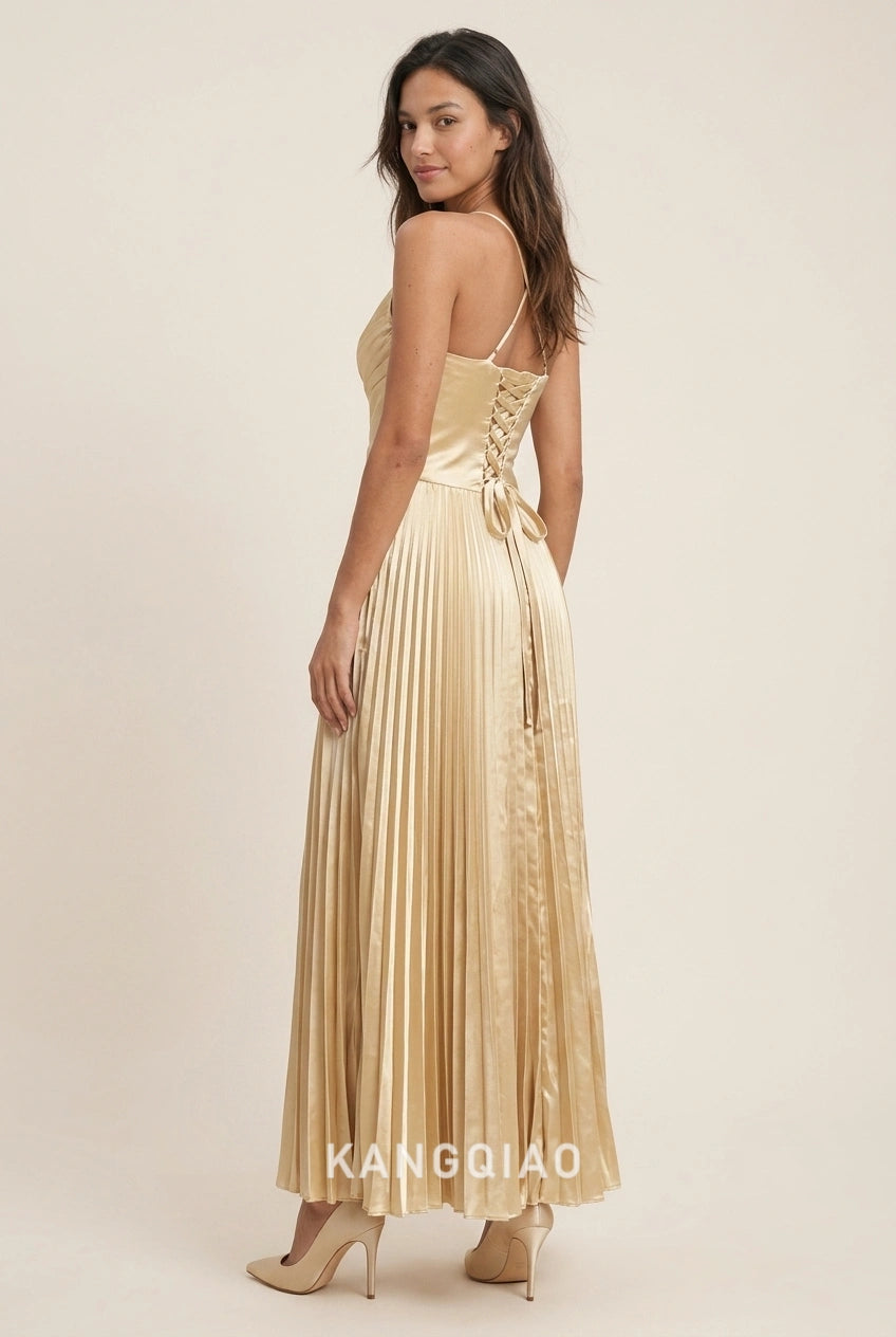Elegant A-Line Sweetheart Pleated Embellished Gold Floor-Length Prom Dresses