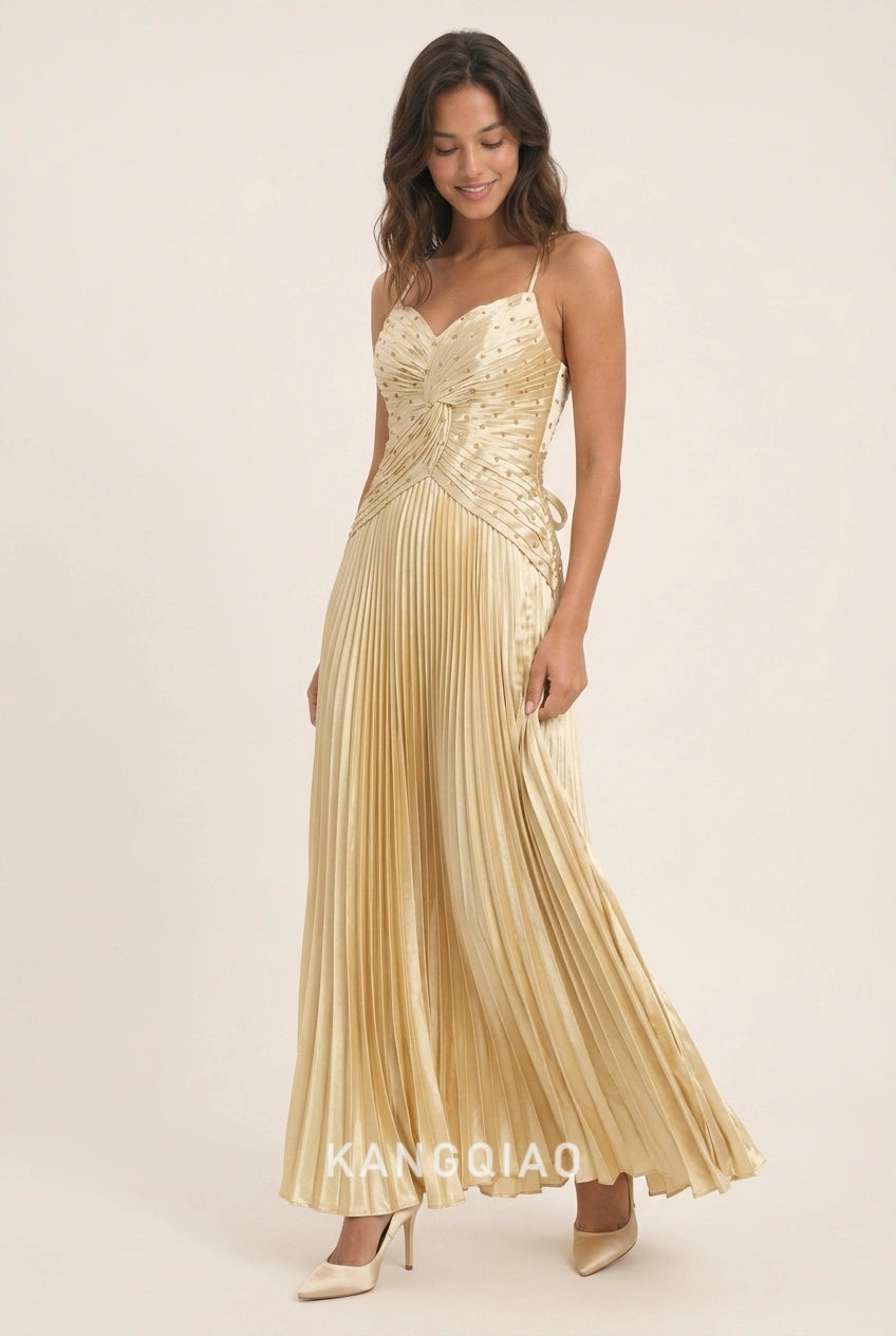 Elegant A-Line Sweetheart Pleated Embellished Gold Floor-Length Prom Dresses
