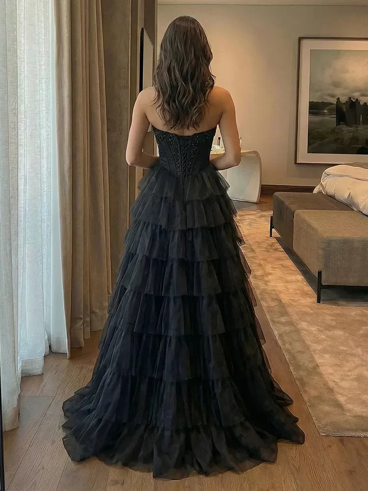 Elegant A-Line Sweetheart Sleeveless Beaded Tiered Black Floor-Length Prom Gown