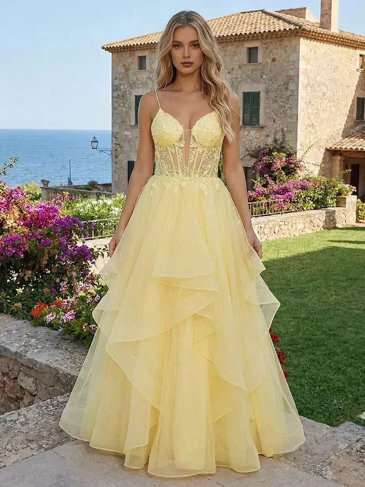 Elegant A-Line Sweetheart Sleeveless Glittering Tiered Yellow Floor-Length Prom Gown