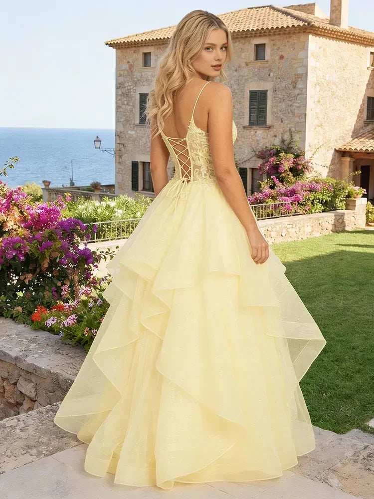 Elegant A-Line Sweetheart Sleeveless Glittering Tiered Yellow Floor-Length Prom Gown