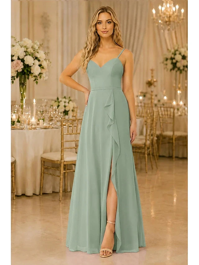 Elegant A-Line Sweetheart Sleeveless Ruffled Slit Sage Green Floor-Length Prom Gown