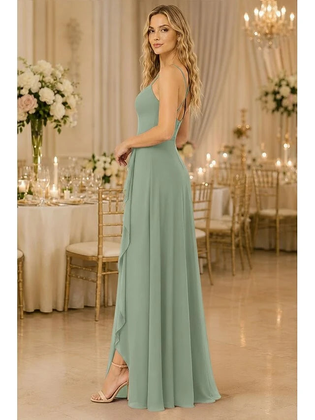 Elegant A-Line Sweetheart Sleeveless Ruffled Slit Sage Green Floor-Length Prom Gown