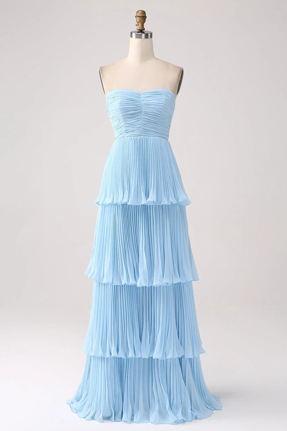 Elegant A-Line Sweetheart Sleeveless Tiered Pleated Sky Blue Floor-Length Homecoming Dresses