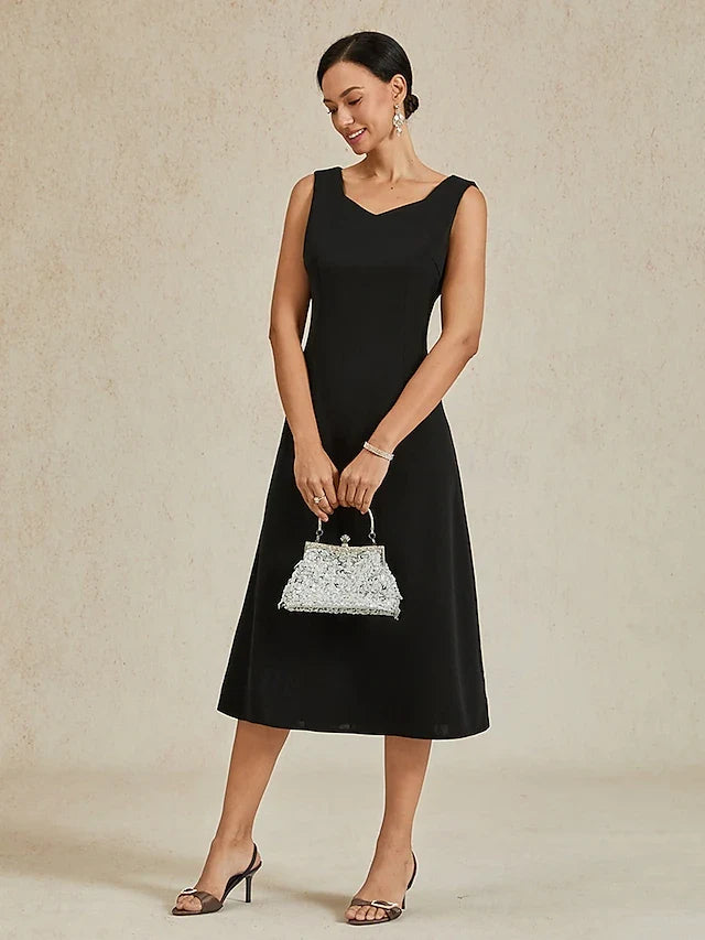 Elegant A-Line Sweetheart V-Neck Sleeveless Black Midi Prom Dress Women's