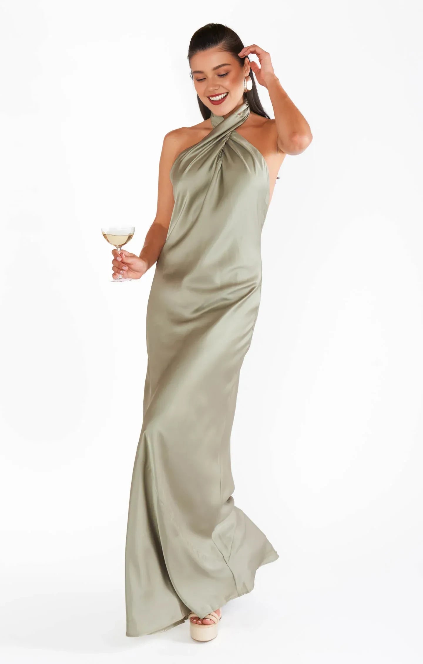 Elegant A-Line Twisted Halter Glamorous Backless Sage Green Floor-Length Prom Gown