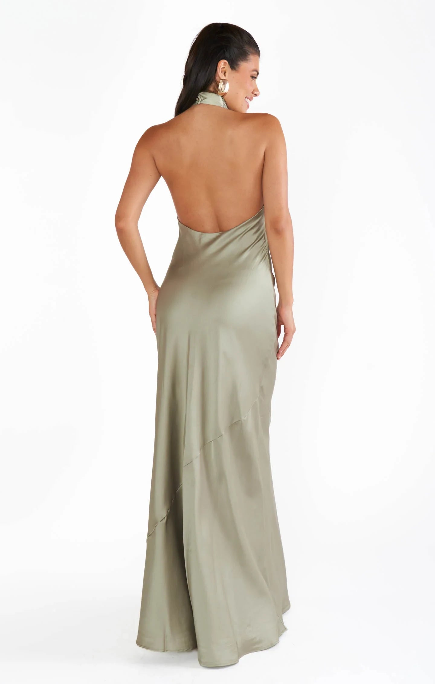 Elegant A-Line Twisted Halter Glamorous Backless Sage Green Floor-Length Prom Gown