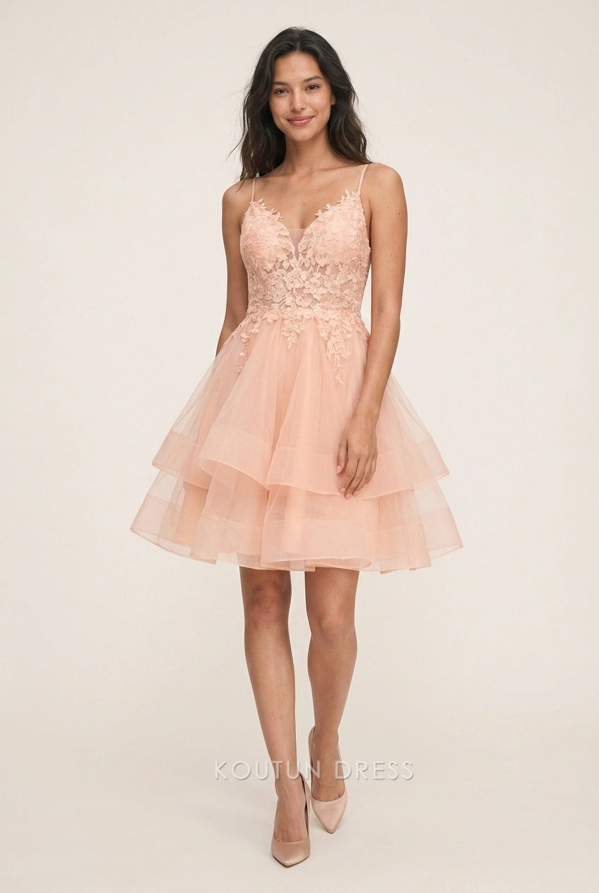 Elegant A-Line V-Neck Applique Tiered Peach Short Homecoming Dresses