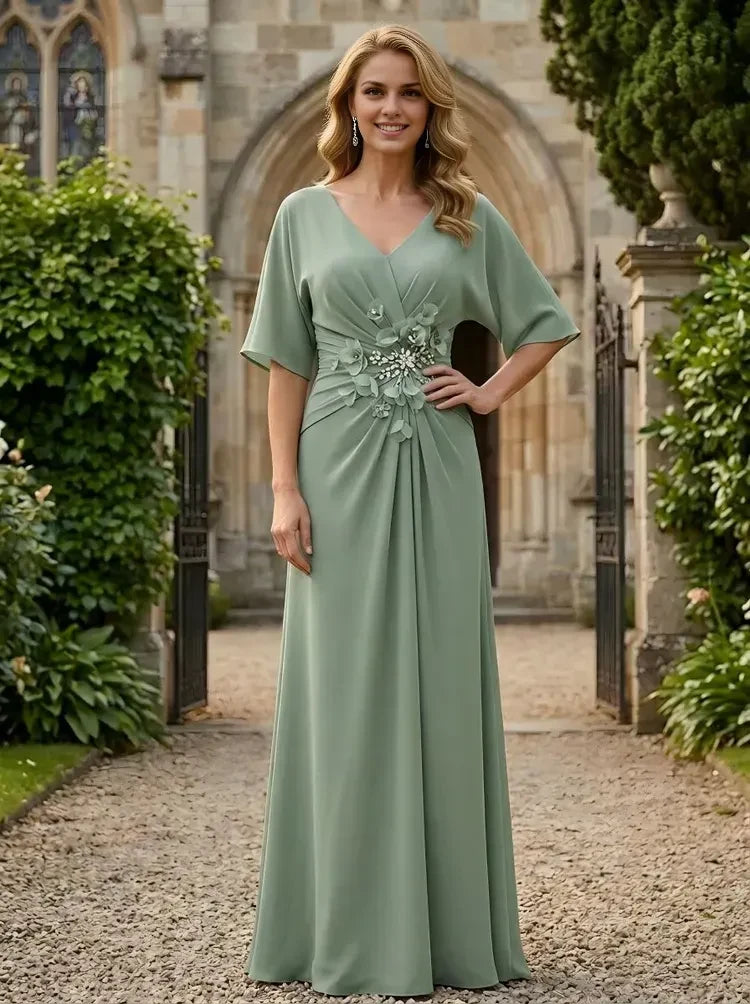 Elegant A-Line V-Neck Batwing Sleeve Pleated Sage Green Floor-Length Prom Gown
