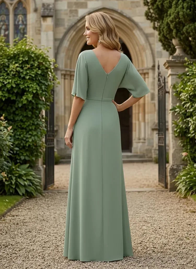 Elegant A-Line V-Neck Batwing Sleeve Pleated Sage Green Floor-Length Prom Gown