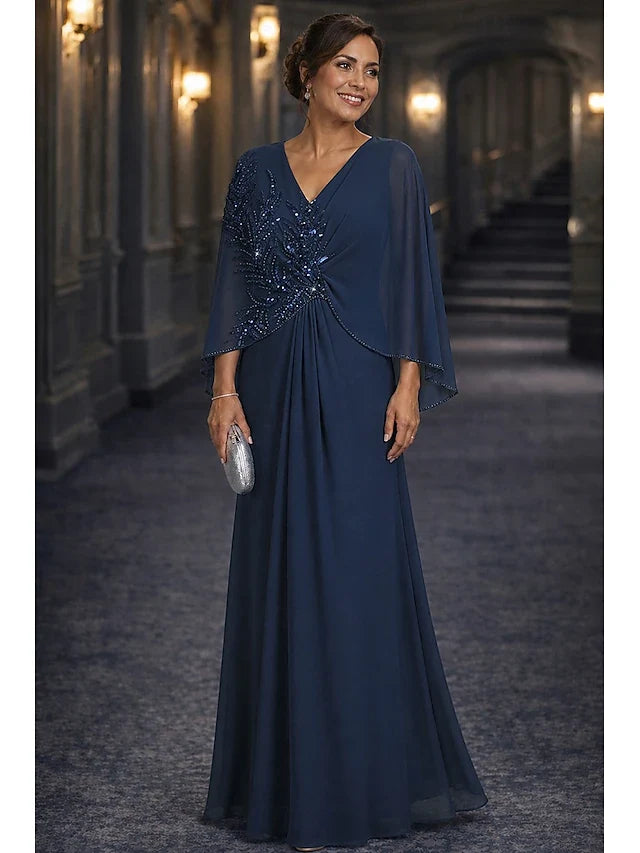 Elegant A-Line V-Neck Beaded Draped Navy Blue Floor-Length Prom Gown