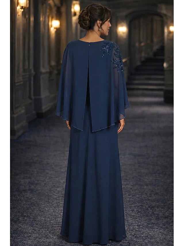 Elegant A-Line V-Neck Beaded Draped Navy Blue Floor-Length Prom Gown