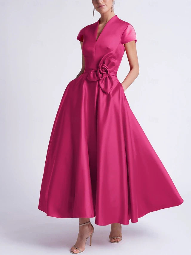 Elegant A-Line V-Neck Cap Sleeve Floral Defined Fuchsia Midi Prom Dress