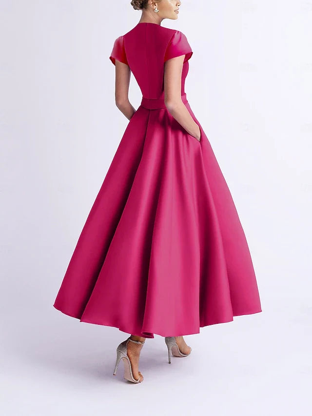 Elegant A-Line V-Neck Cap Sleeve Floral Defined Fuchsia Midi Prom Dress