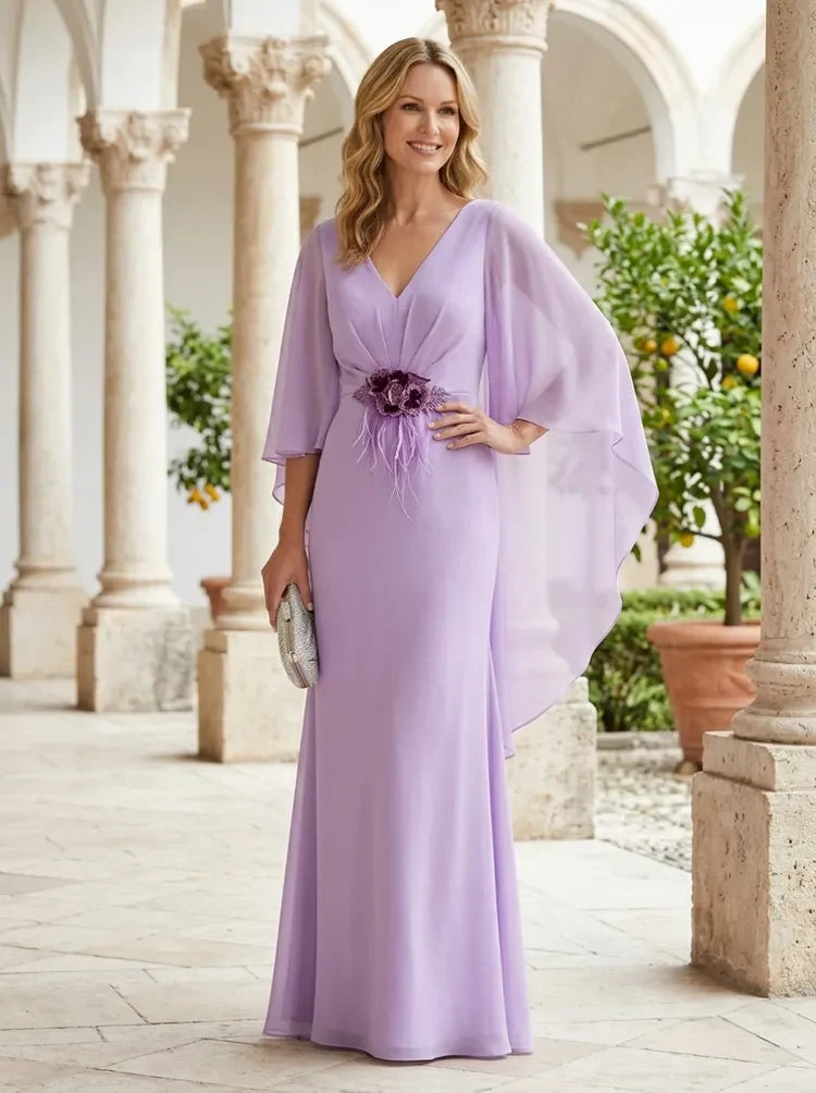 Elegant A-Line V-Neck Cape Sleeve Embellished Lavender Floor-Length Prom Dress