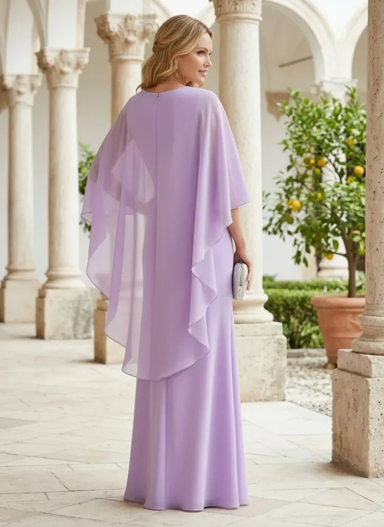 Elegant A-Line V-Neck Cape Sleeve Embellished Lavender Floor-Length Prom Dress