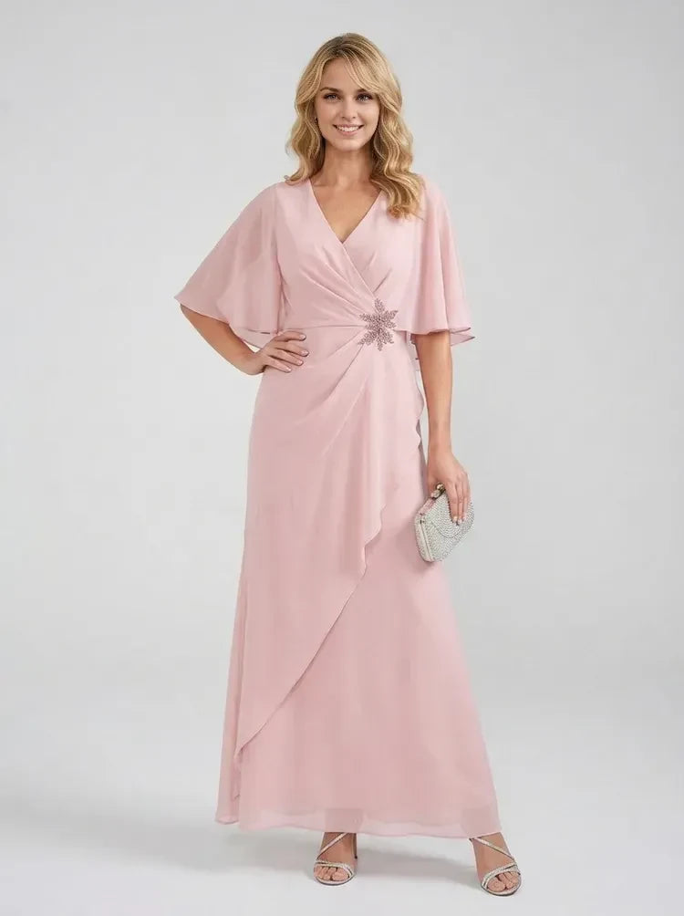 Elegant A-Line V-Neck Flutter Sleeve Blush Pink Floor-Length Prom Dress