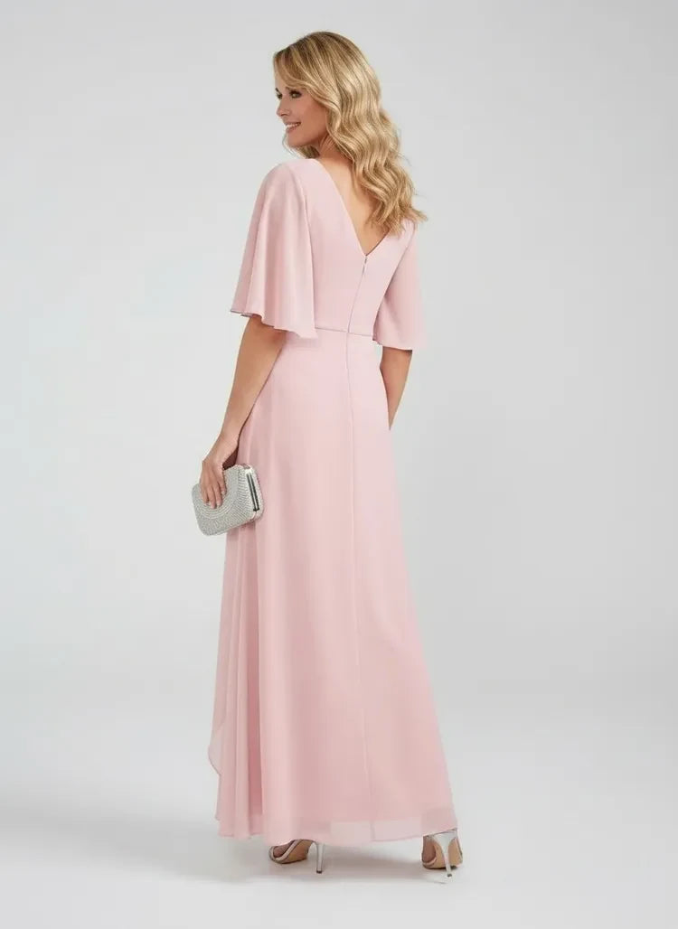 Elegant A-Line V-Neck Flutter Sleeve Blush Pink Floor-Length Prom Dress