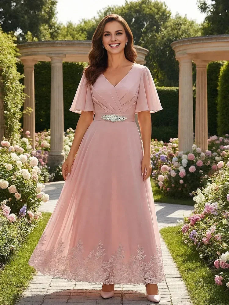 Elegant A-Line V-Neck Flutter Sleeve Embellished Blush Pink Floor-Length Prom Gown