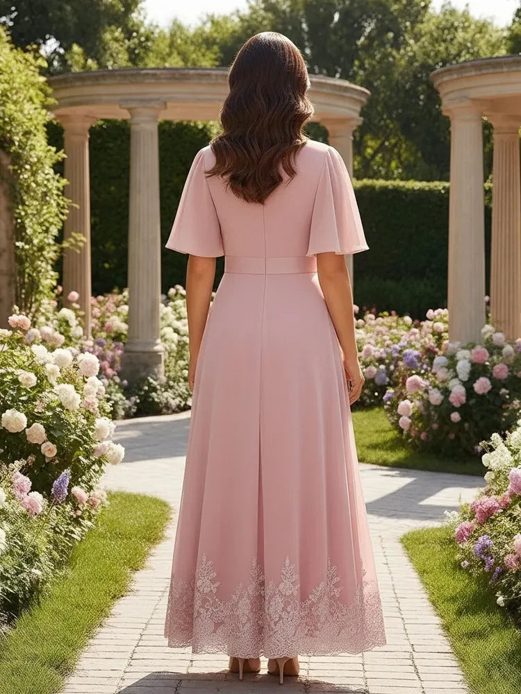 Elegant A-Line V-Neck Flutter Sleeve Embellished Blush Pink Floor-Length Prom Gown