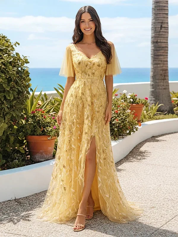Elegant A-Line V-Neck Flutter Sleeve Embroidered Golden Yellow Floor-Length Prom Dress
