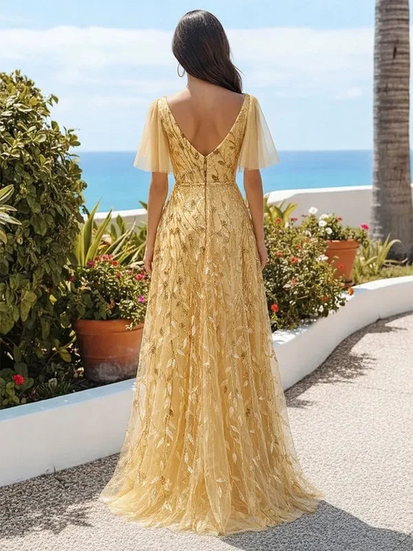 Elegant A-Line V-Neck Flutter Sleeve Embroidered Golden Yellow Floor-Length Prom Dress