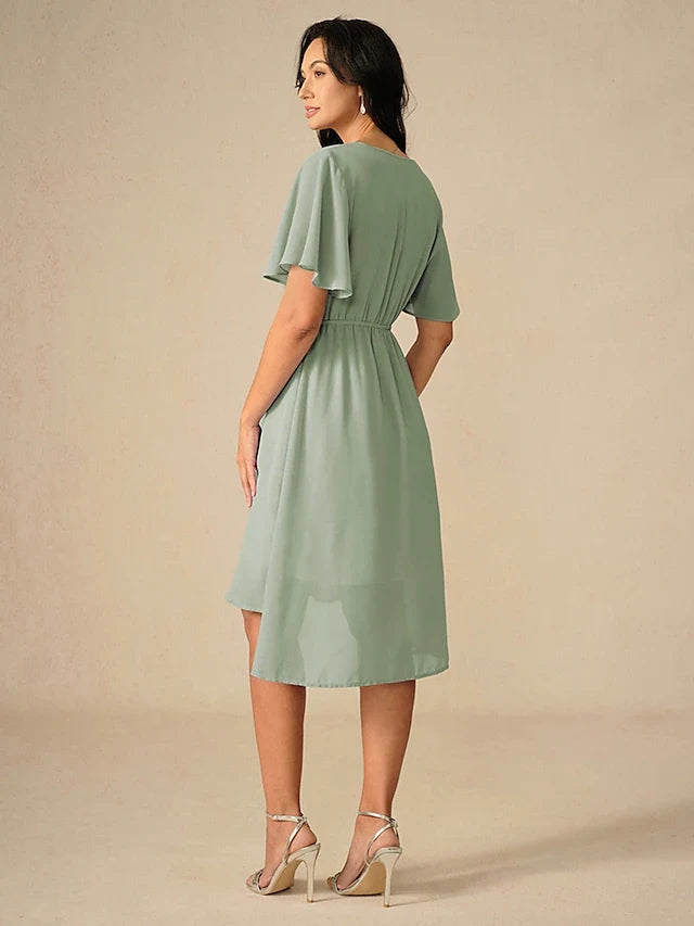 Elegant A-Line V-Neck Flutter Sleeve High-Low Sage Green Prom Dress