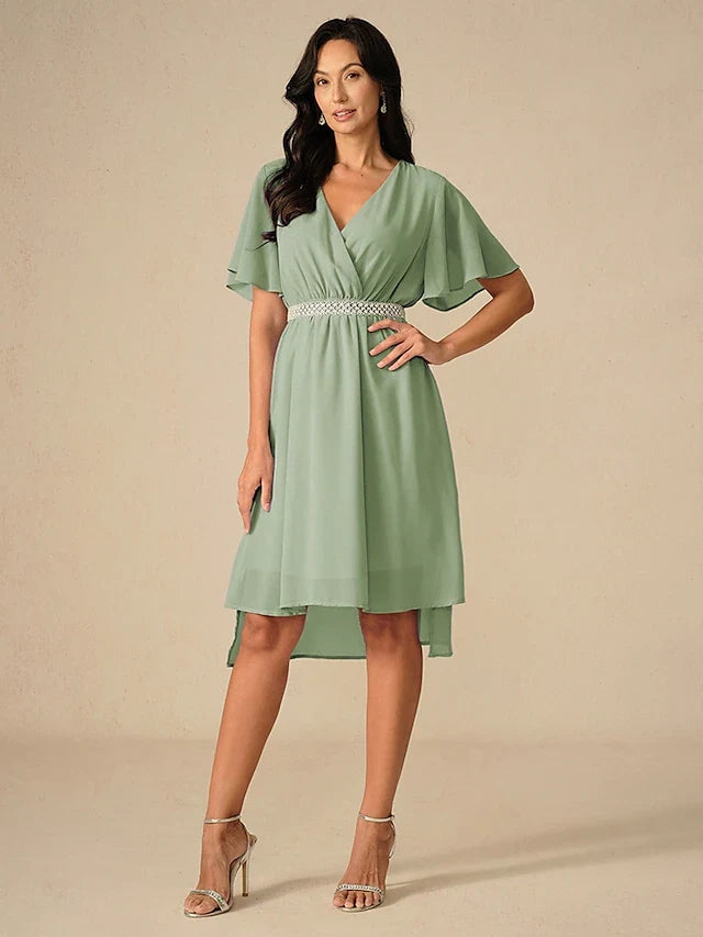 Elegant A-Line V-Neck Flutter Sleeve High-Low Sage Green Prom Dress