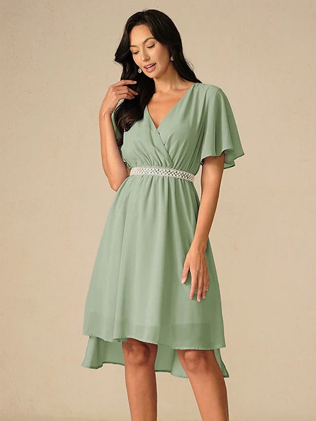 Elegant A-Line V-Neck Flutter Sleeve High-Low Sage Green Prom Dress