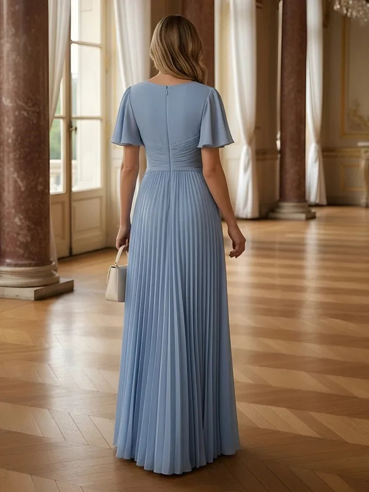 Elegant A-Line V-Neck Flutter Sleeve Pleated Dusty Blue Floor-Length Prom Dress