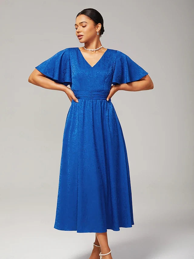 Elegant A-Line V-Neck Flutter Sleeve Ruched Royal Blue Midi Prom Dress