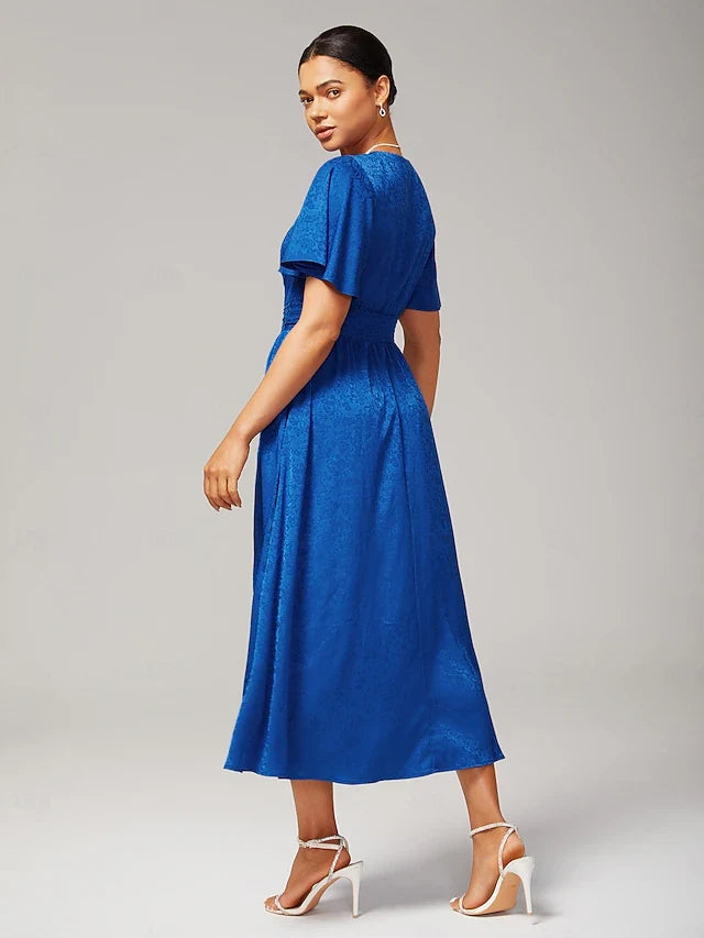Elegant A-Line V-Neck Flutter Sleeve Ruched Royal Blue Midi Prom Dress