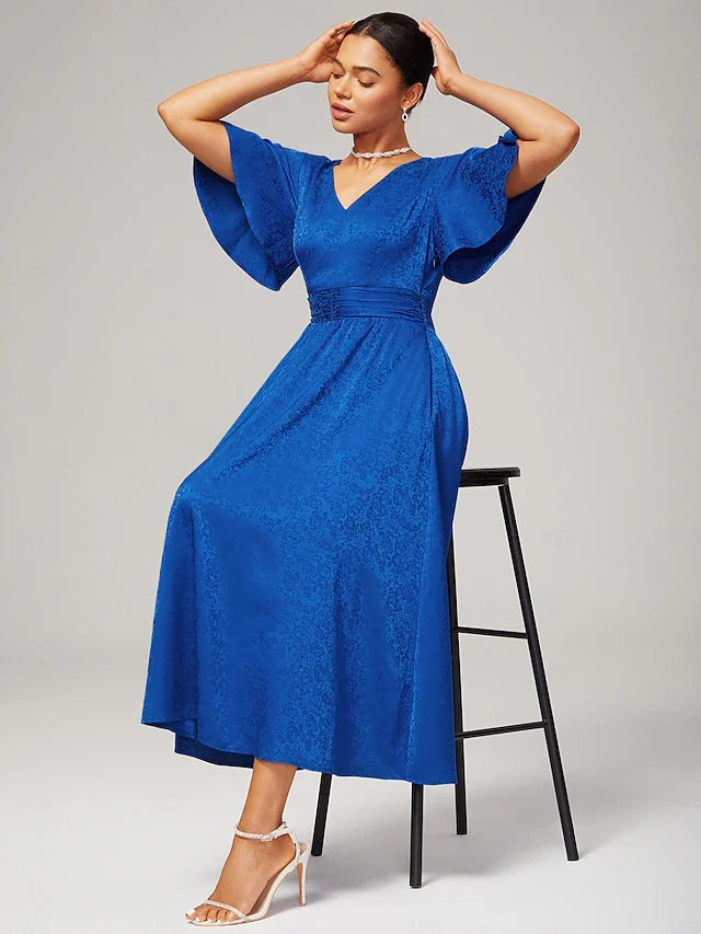 Elegant A-Line V-Neck Flutter Sleeve Ruched Royal Blue Midi Prom Dress