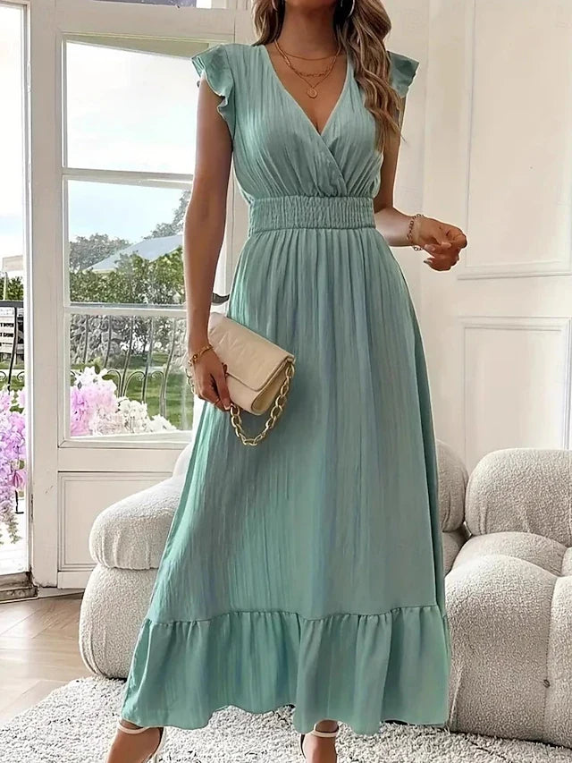 Elegant A-Line V-Neck Flutter Sleeve Shirred Ruffled Mint Maxi Prom Dress