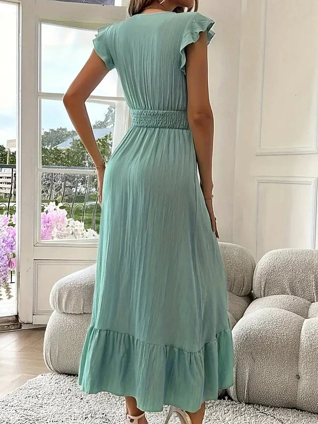 Elegant A-Line V-Neck Flutter Sleeve Shirred Ruffled Mint Maxi Prom Dress