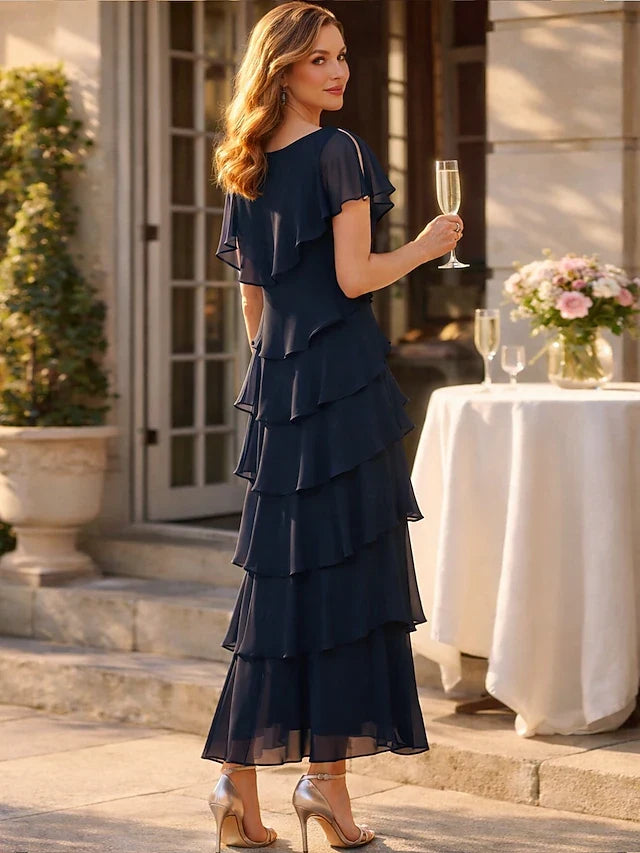 Elegant A-Line V-Neck Flutter Sleeve Tiered Navy Blue Maxi Prom Gown