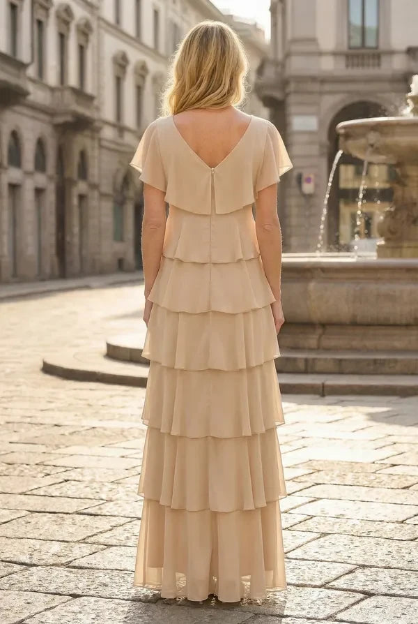 Elegant A-Line V-Neck Flutter Sleeve Tiered Nude Beige Floor-Length Prom Gown