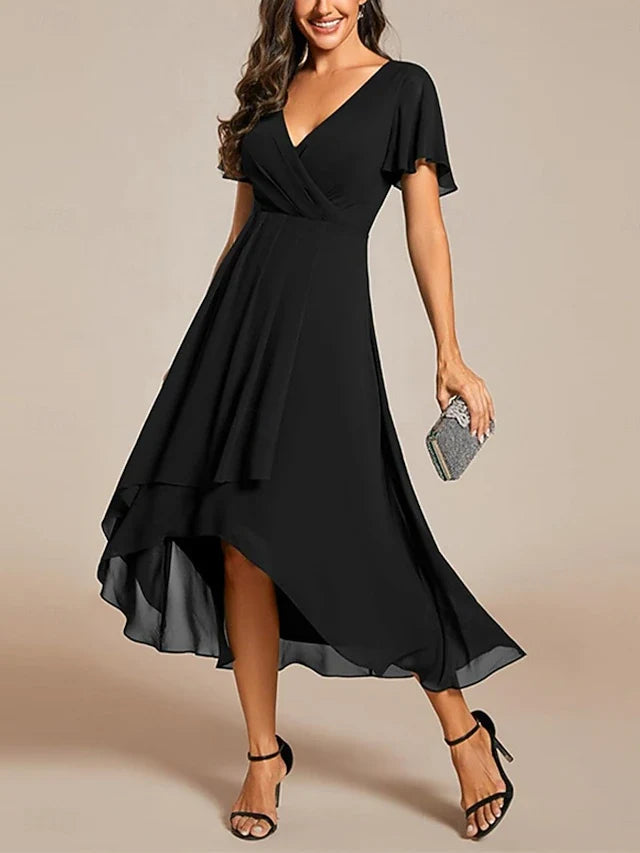 Elegant A-Line V-Neck Flutter Sleeve Wrap High-Low Black Midi Prom Dress