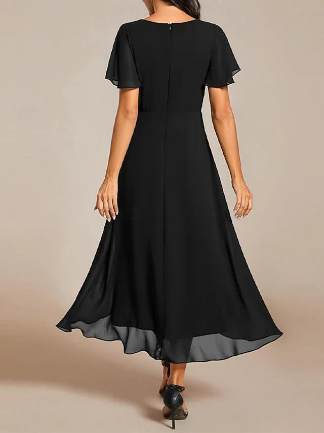 Elegant A-Line V-Neck Flutter Sleeve Wrap High-Low Black Midi Prom Dress