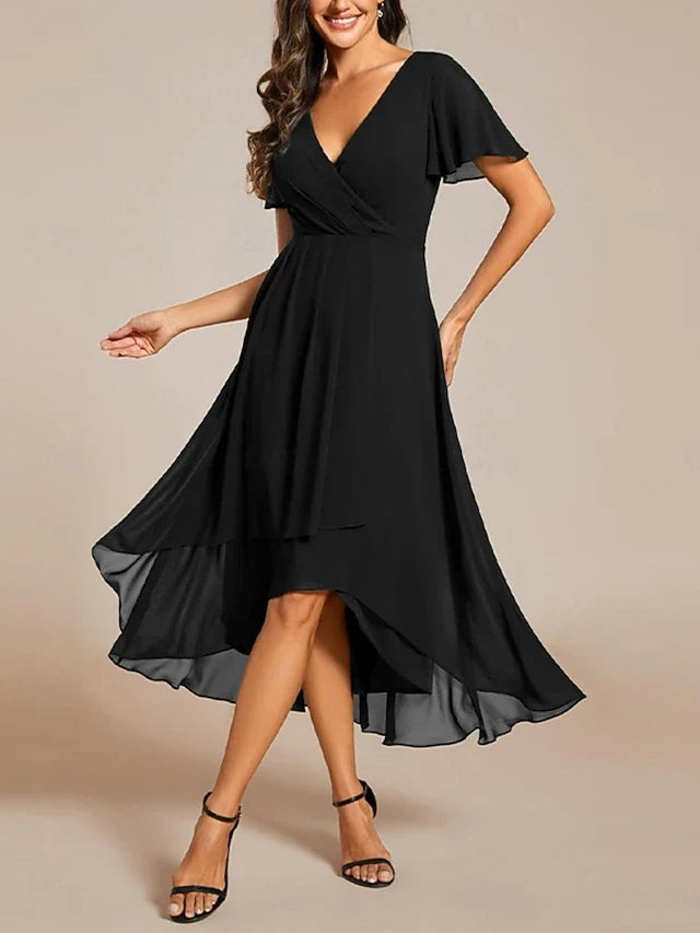 Elegant A-Line V-Neck Flutter Sleeve Wrap High-Low Black Midi Prom Dress