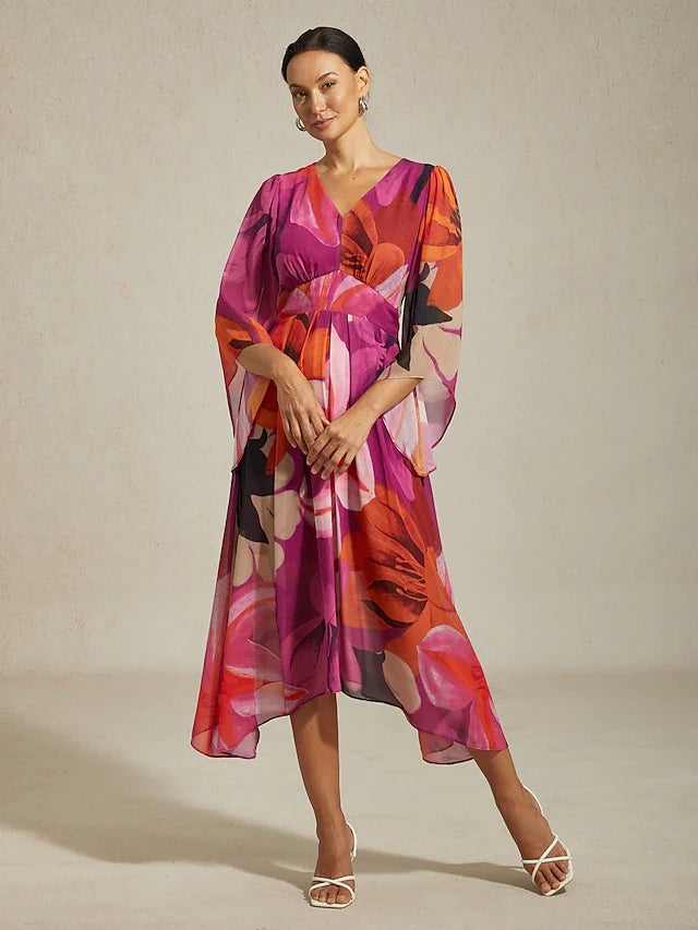 Elegant A-Line V-Neck Kimono Sleeve Floral Asymmetrical Midi Prom Dress