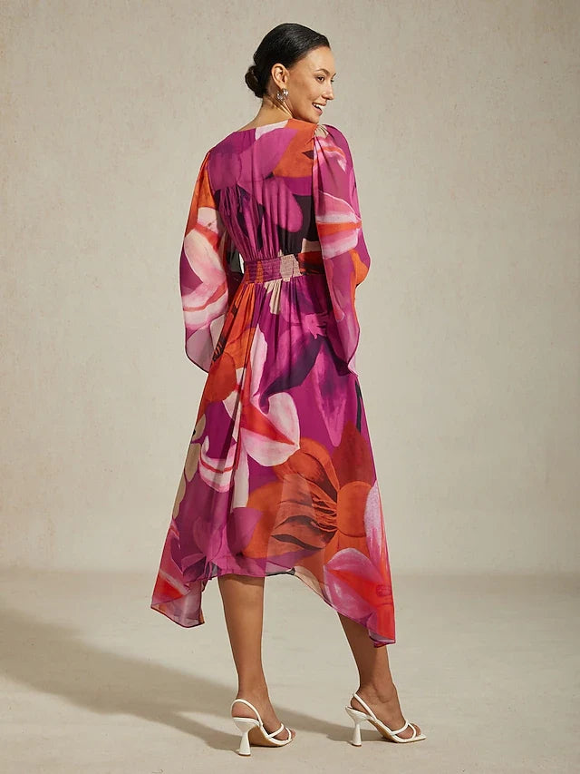 Elegant A-Line V-Neck Kimono Sleeve Floral Asymmetrical Midi Prom Dress