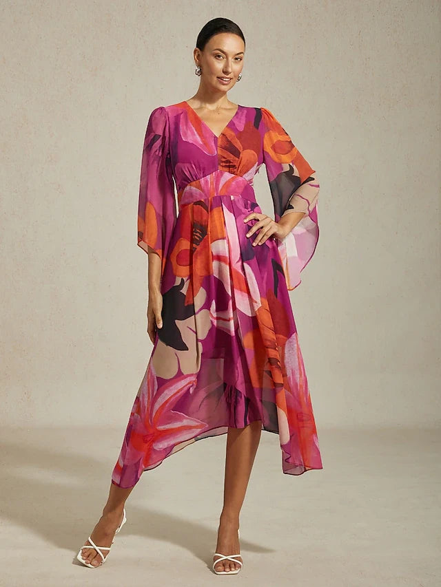 Elegant A-Line V-Neck Kimono Sleeve Floral Asymmetrical Midi Prom Dress