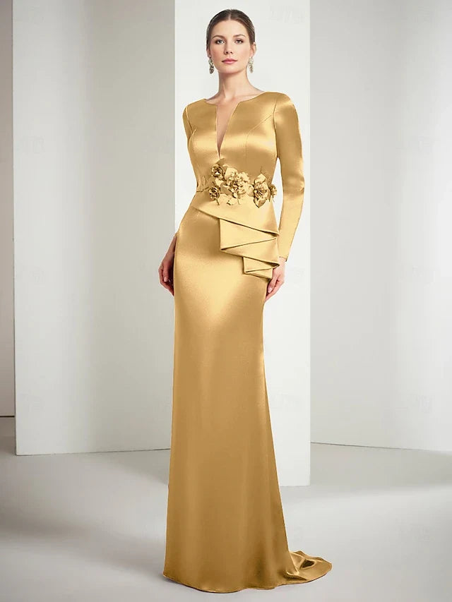 Elegant A-Line V-Neck Long Sleeve Draped Gold Floor-Length Prom Gown