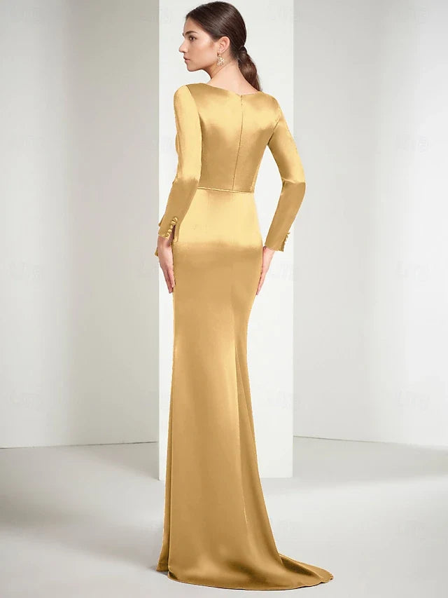 Elegant A-Line V-Neck Long Sleeve Draped Gold Floor-Length Prom Gown