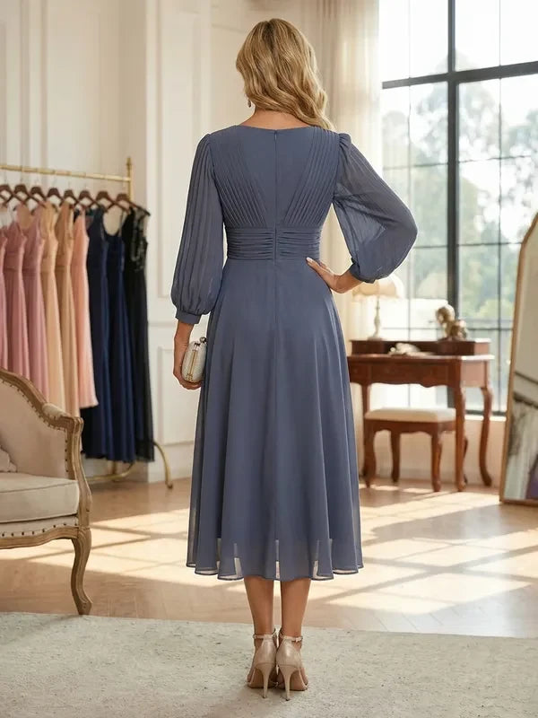 Elegant A-Line V-Neck Long Sleeve Pleated Grey Midi Prom Dress
