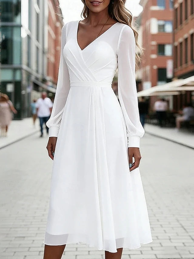 Elegant A-Line V-Neck Long Sleeve Pleated White Midi Prom Dress