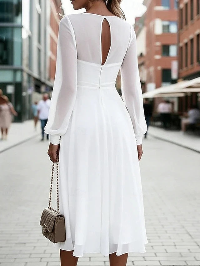 Elegant A-Line V-Neck Long Sleeve Pleated White Midi Prom Dress